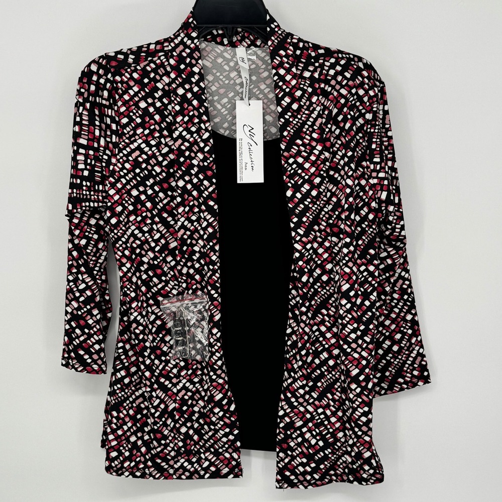 NY‎ Collection Petite Black  Geometric Print Open Front Cardigan Sweater Set New
